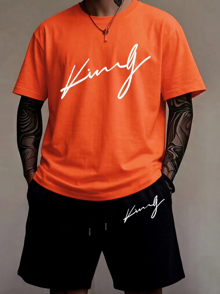 

King'S Word Cursive Script Printed Man Cotton Breathable Clothing Sets Street Summer Simple T Shirt Pocket Loose Running Shorts