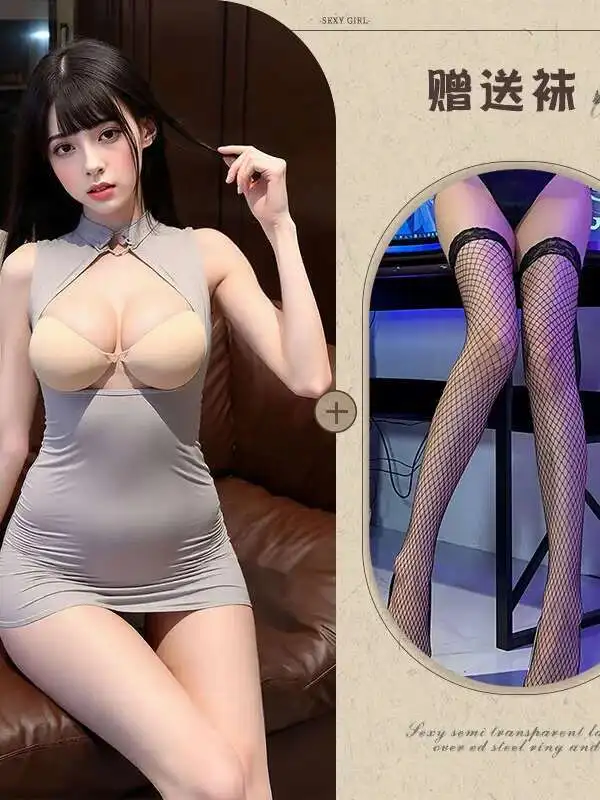 Graues SM-Höhlenweste-Minikleid, nacktes Gesäß, offenes Schnittkleid, sexy, verführerisches Kleid, elegante, heiße, sexy Korena-Damenkleider 9CDI