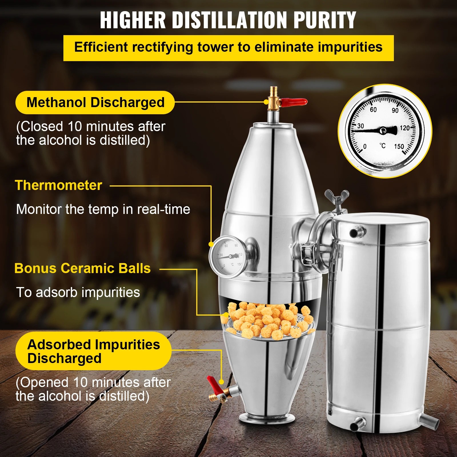 Distillateur 20L Alambic Distillation Eau Acier INOX Kit Fermenteur 5 kg Riz Cylindre Gradué 100ml Thermomètre Grand Réservoir pour Fermentation Boissons Sauce de Soja Vinaigre 30x30 cm