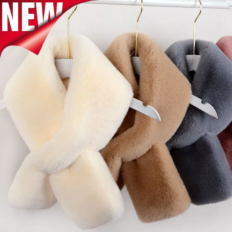 Korean Plush Faux Rabbit Fur Thick Plush Shawl Scarf for Female Winter Oudoor Windproof Solid Color Cross Neck Guard Warm Scarfs