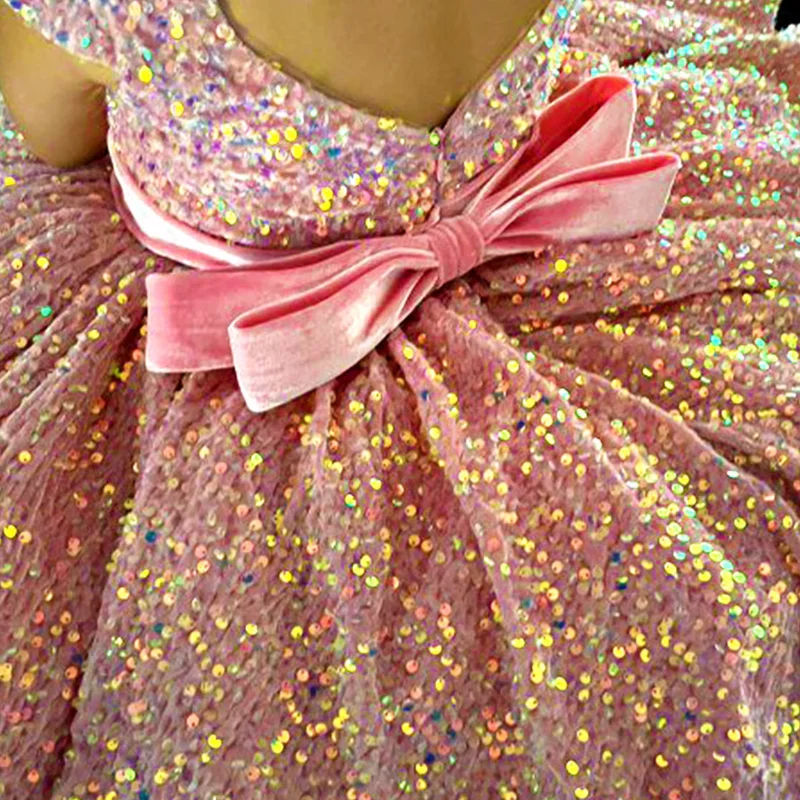 Pink Flower Girl Dresses Puffy Sequin Sparkling With Bow Short Sleeve For Wedding Birthday Party Banquet Princess Gowns