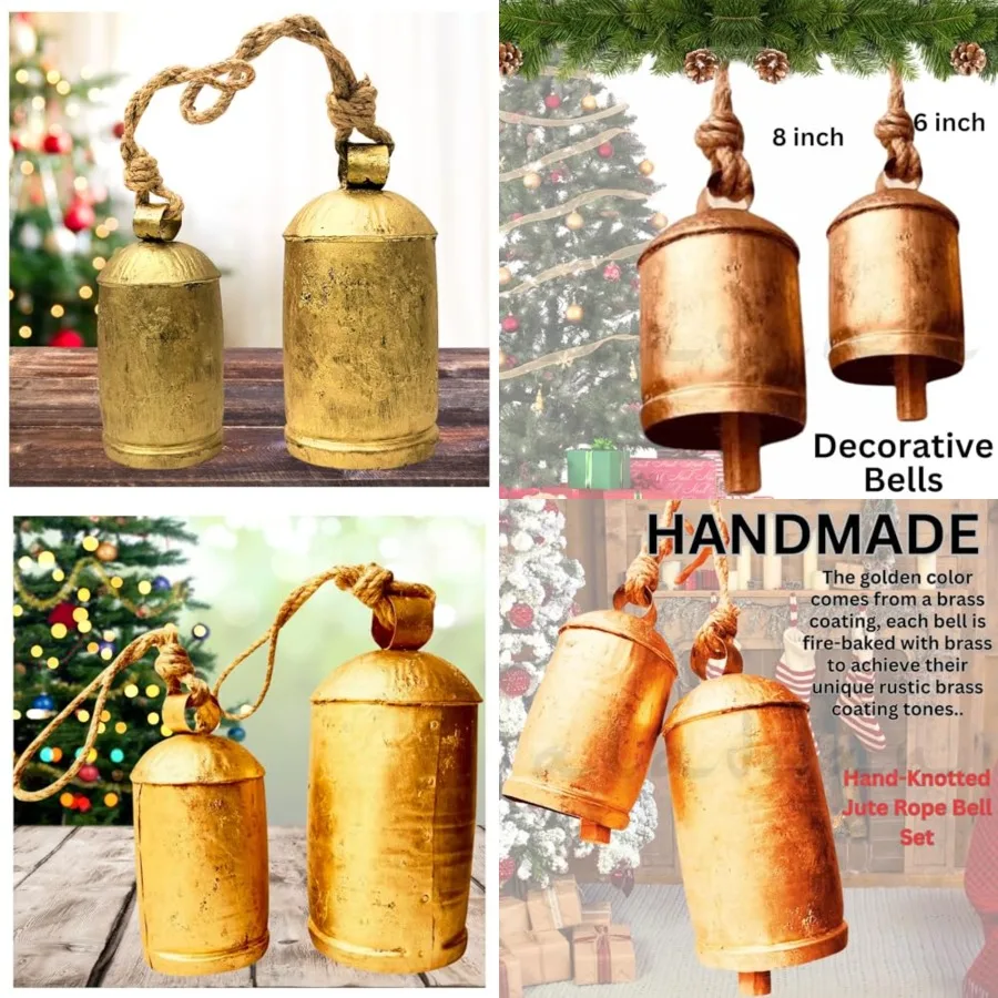 

Rustic Decorative Bells Set of 2 - Giant Harmony Cow Bells Huge Handmade Vintage Christmas Bells Golden Cowbell Country Style J