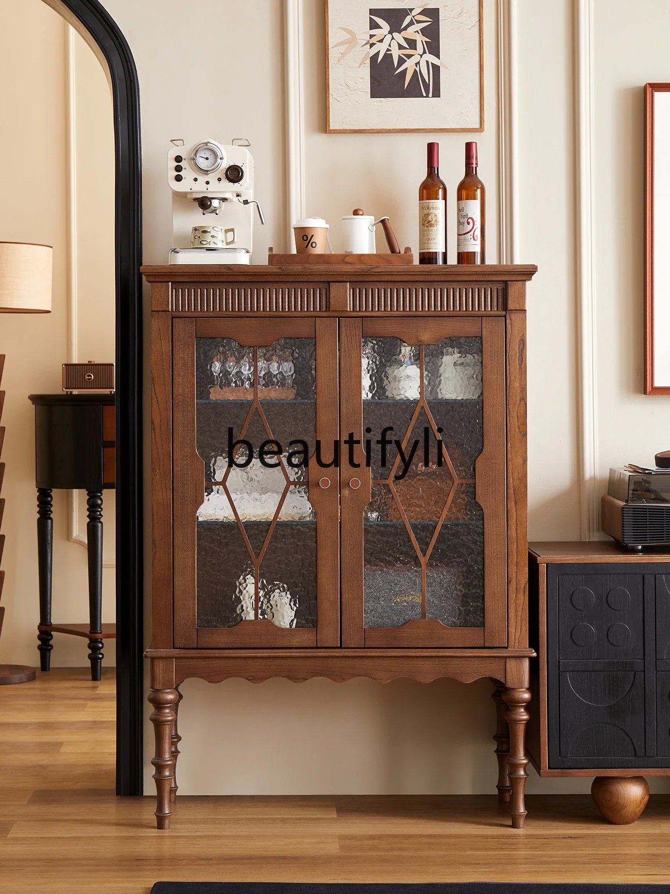 

French solid wood dining side cabinet, living room locker, wall locker, retro tea cabinet0420