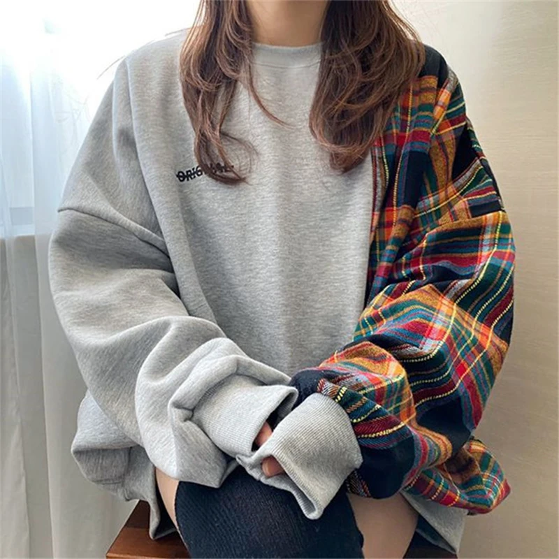 

Korean Plaid Patchwork Letter Printed Loose Puff Sleeve Women Pullover 2023 Autumn Fashion Trendy Aesthetic Sweatshirt Hoodie