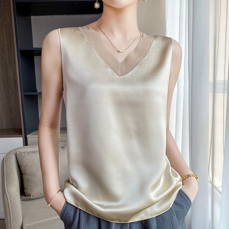 

2022 New Summer Silk Camisole Ladies Satin V-Neck Mulberry Silk Suspenders Thin Sleeveless Top Inside T-Shirt And Bottoming Vest