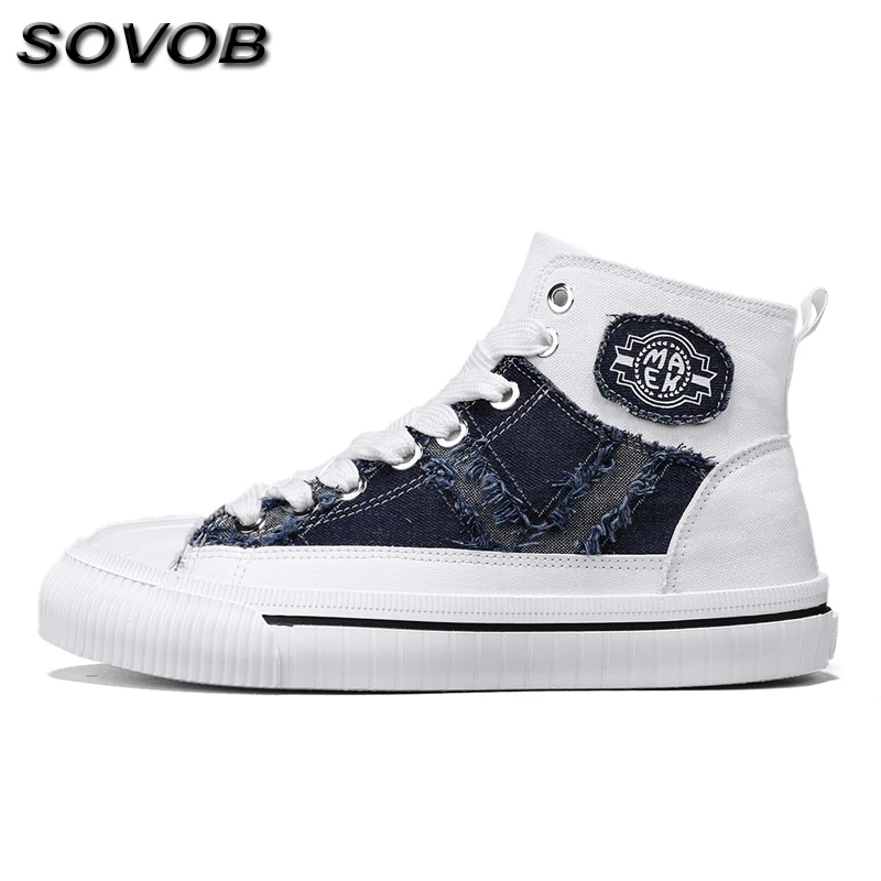 

2025 Hot Sale Men's Denim Casual Shoes Fashion Patchwork High Top Skateboard Shoes Male Comfy Platform Espadrilles Shoes For Men