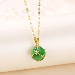 New Design Sense Green Ball Pendant Stainless Steel Necklaces For Women Vintage Style Elegant Sexy Female Clavicle Chain Jewelry