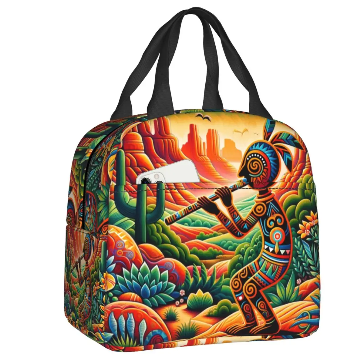 Custom Kokopelli The Flute Player Resuable Lunch Box Multifunction Aboriginal Style Thermal Cooler Food Insulated Lunch Bag