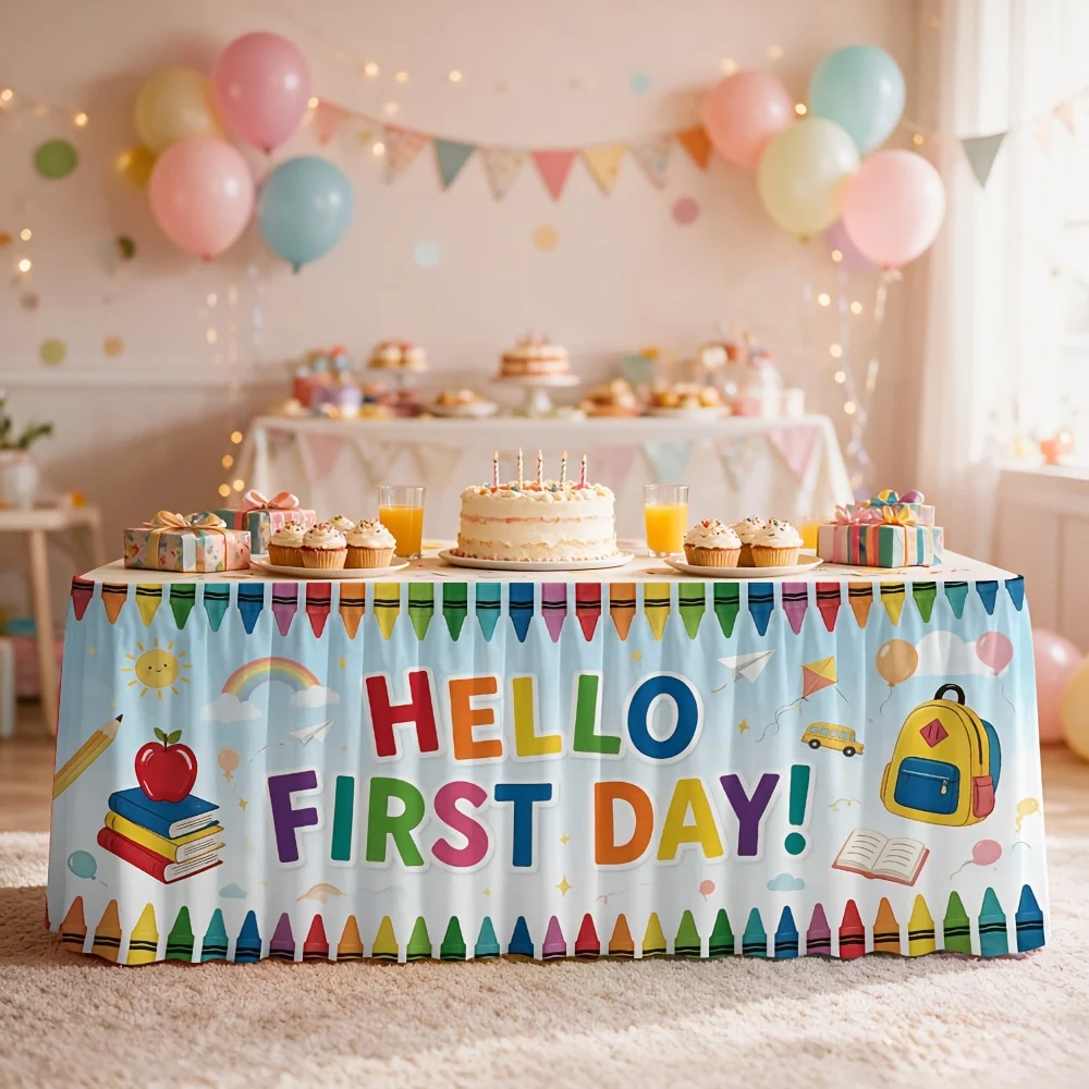 One-piece Hello! First-day Printed Table Skirt, Back-to-School Season Welcome Tablecloth