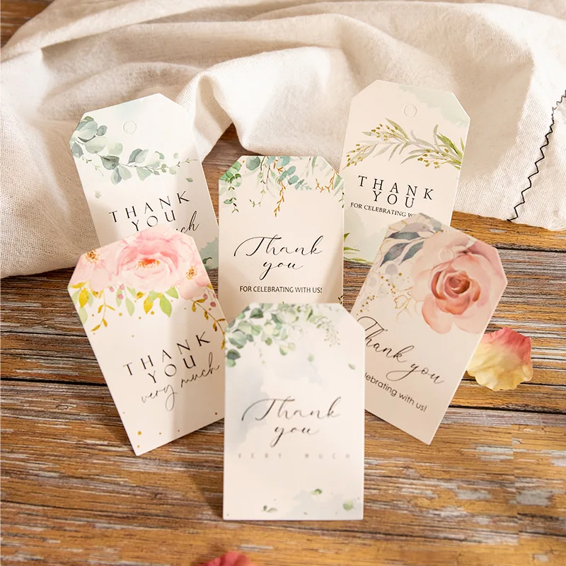 Thank You Tag Flower Print Paper Cards Small Goods Gift Present Package Hang Tag Labels Wedding Decoration DIY Crafts 48/50pcs