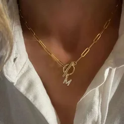 Fashion Stainless Steel IT Clasp Pendant Necklace 26 Initial Letter Zircon Long Chain Pendant Women's Jewelry Excellent Quality