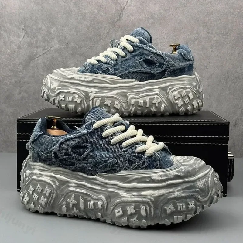 Zapatillas de deporte para Hombre, zapatos informales de lona azul con cordones, zapatos vulcanizados a la moda, Zapatillas para caminar de alta calidad, Zapatillas para Hombre