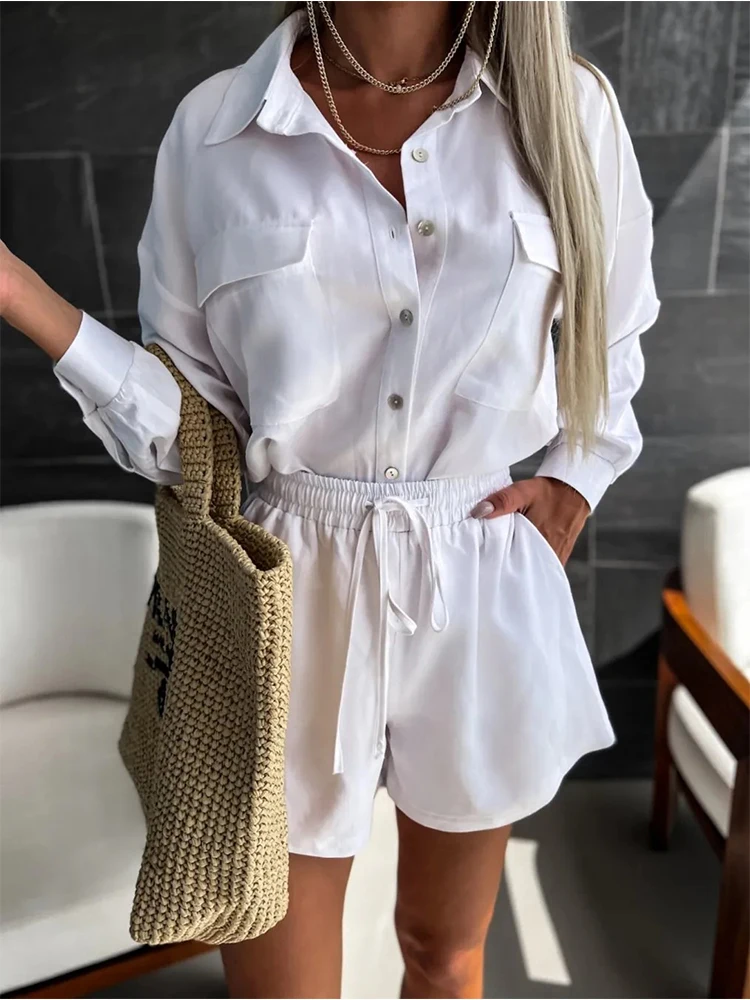 Women Casual Loose Suit Elegant Lapel Single Breasted Shirt and Pocket Short Suit Spring Summer Solid Long Sleeve 2 pcs Set