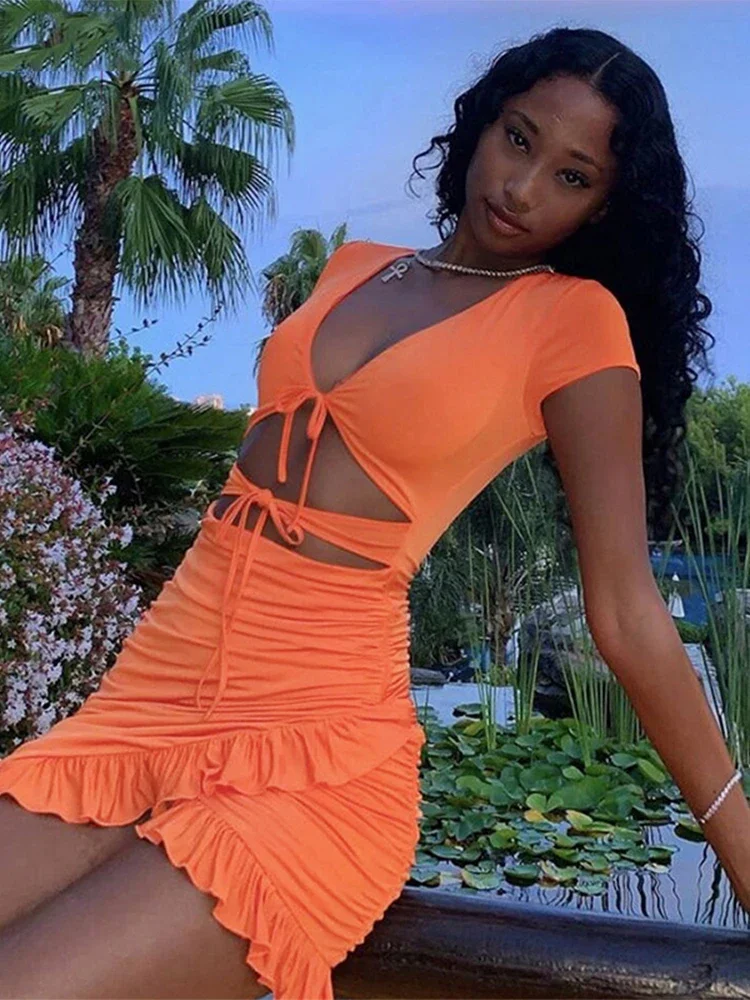 

Lace Up V Neck Ruched Bodycon Mini Dress Women 2025 Summer Hollow Out Ruffles Sundress Beachwear Vestidos