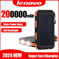 Lenovo-Banco de energía Solar de 200000mAh, cargador portátil para acampar al aire libre, batería externa impermeable, carga con luz LED