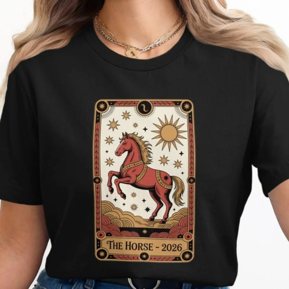 2026 Year of Horse T-Shirt Chinese Zodiac Shirt Astrology Tarot Tee Lunar New Year Gift Tshirt Women Fashion Holiday Cotton Tops