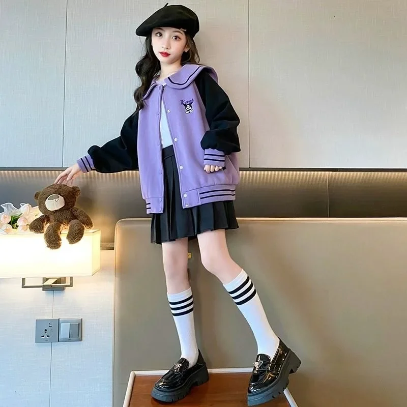 Sweet Kuromi Anime Kawaii Sanrio Ins Girls Long Sleeve Coat Skirt Set Cute Baseball Uniform Jacket Dress Clothing Gifts for Kids