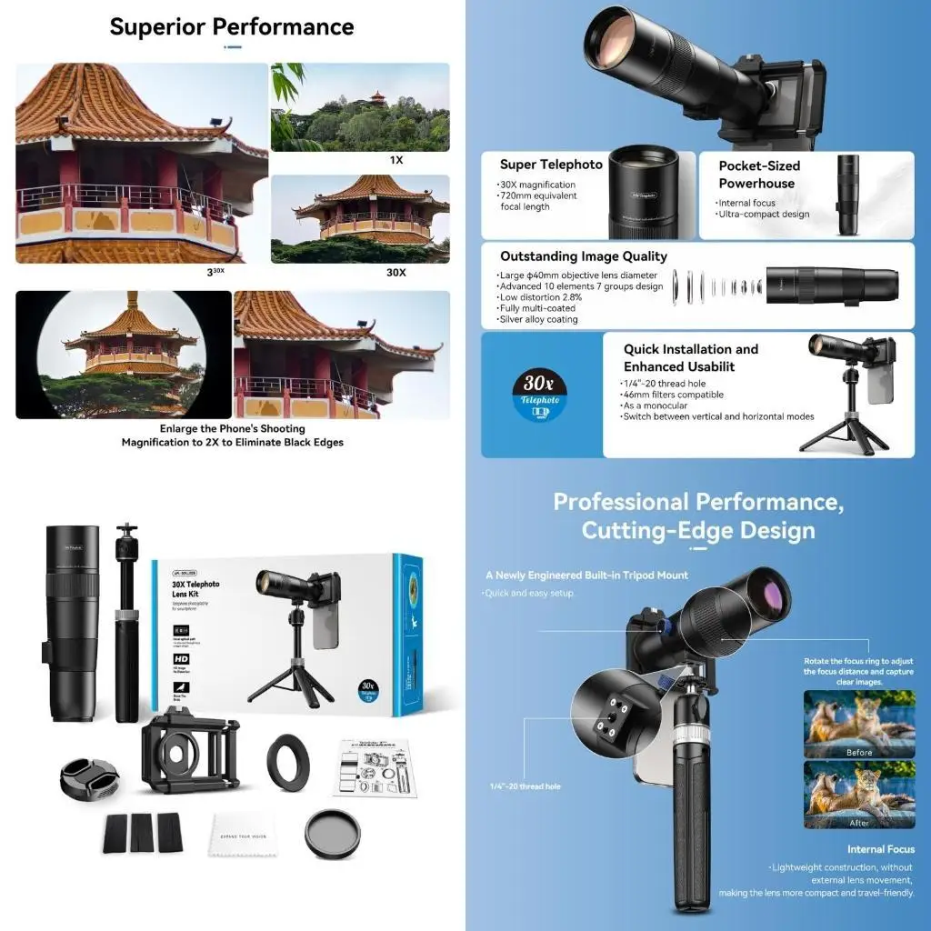 

Photography Lens 36X Telephoto Lens with Tripod for Most Phones Picture Taking D2RC