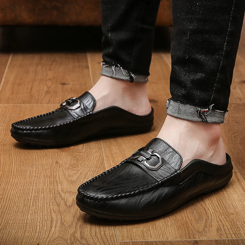 Men Baotou Half Slippers Summer New Fashion Casual Men Designer Low Top Brand Luxury Leather Brown Slippers Free Shipping