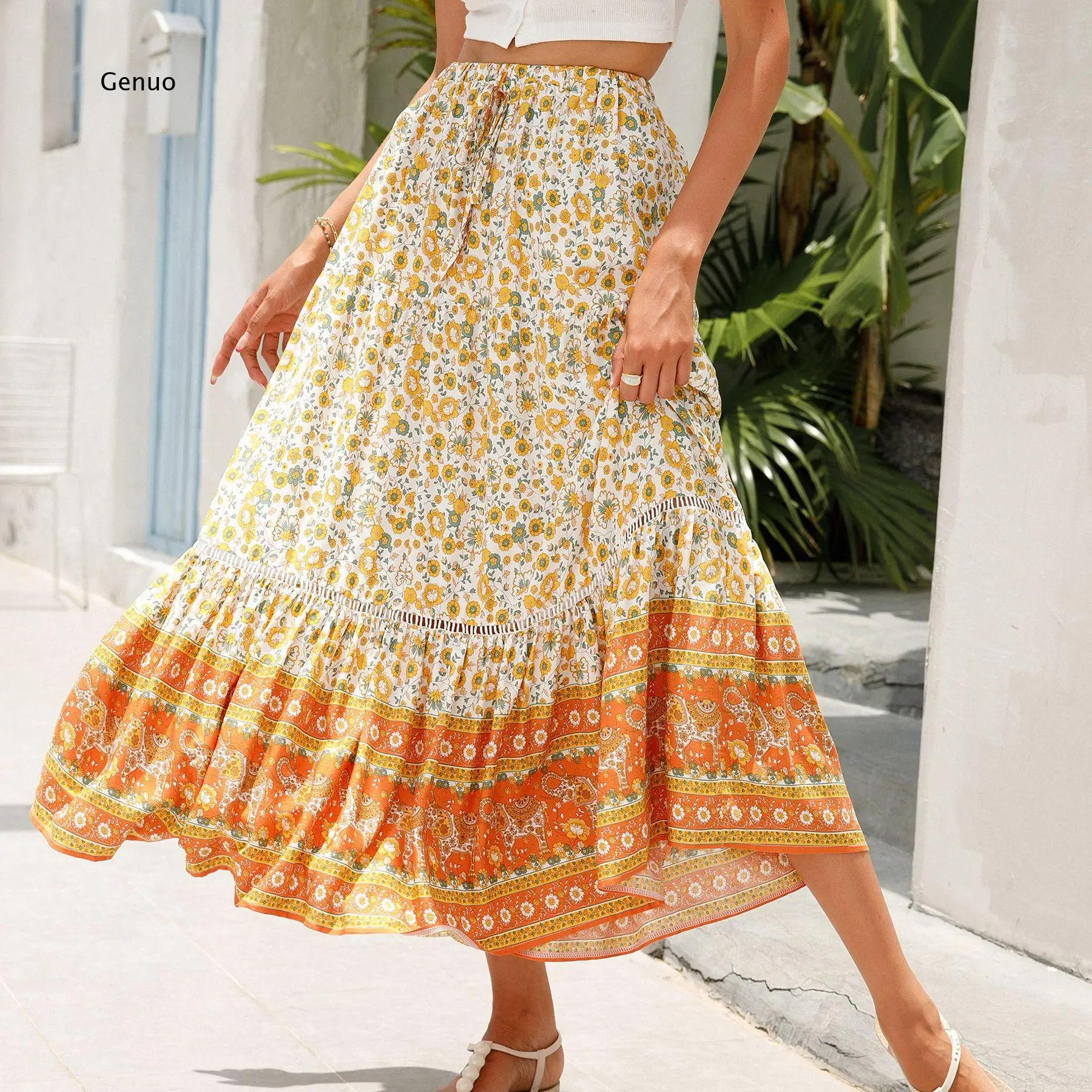 2026 Women Rayon Floral Print Midi Skirt Casual Beach Vacation Summer Outdoor Daily Wear