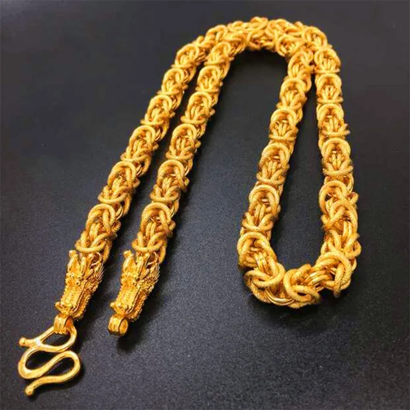 Mylux Jewelry Men's 24K Gold (AU999) Dragon Head & Bone Necklace | Solid gold 3D dragon head, chiseled spine in matte finish
