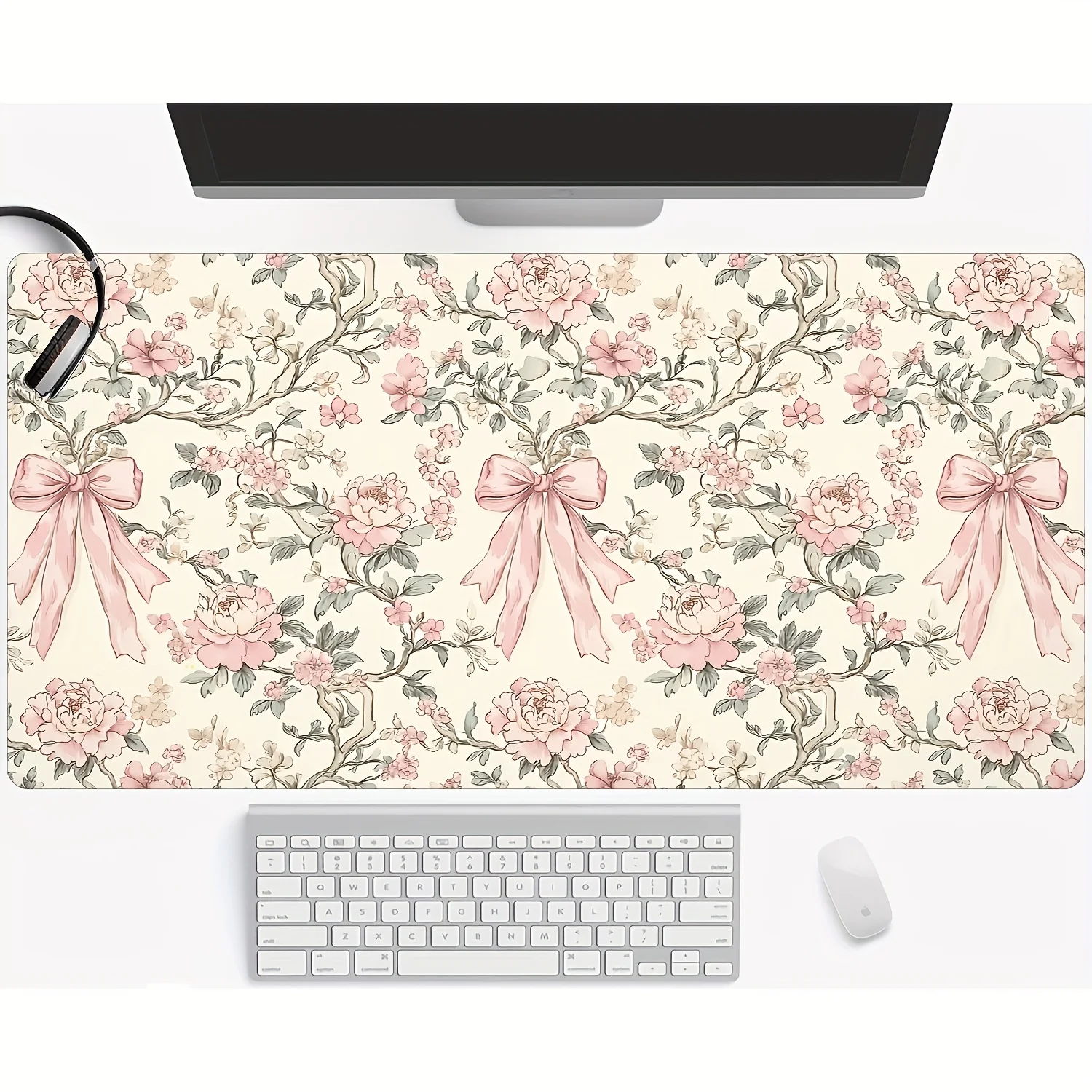 

Большой винтажный коврик для игрового стола с розовым цветочным узором и бантом, нескользящая резиновая основа, коврик для клавиатуры и мыши для офиса, дома, планшета, игровой коврик