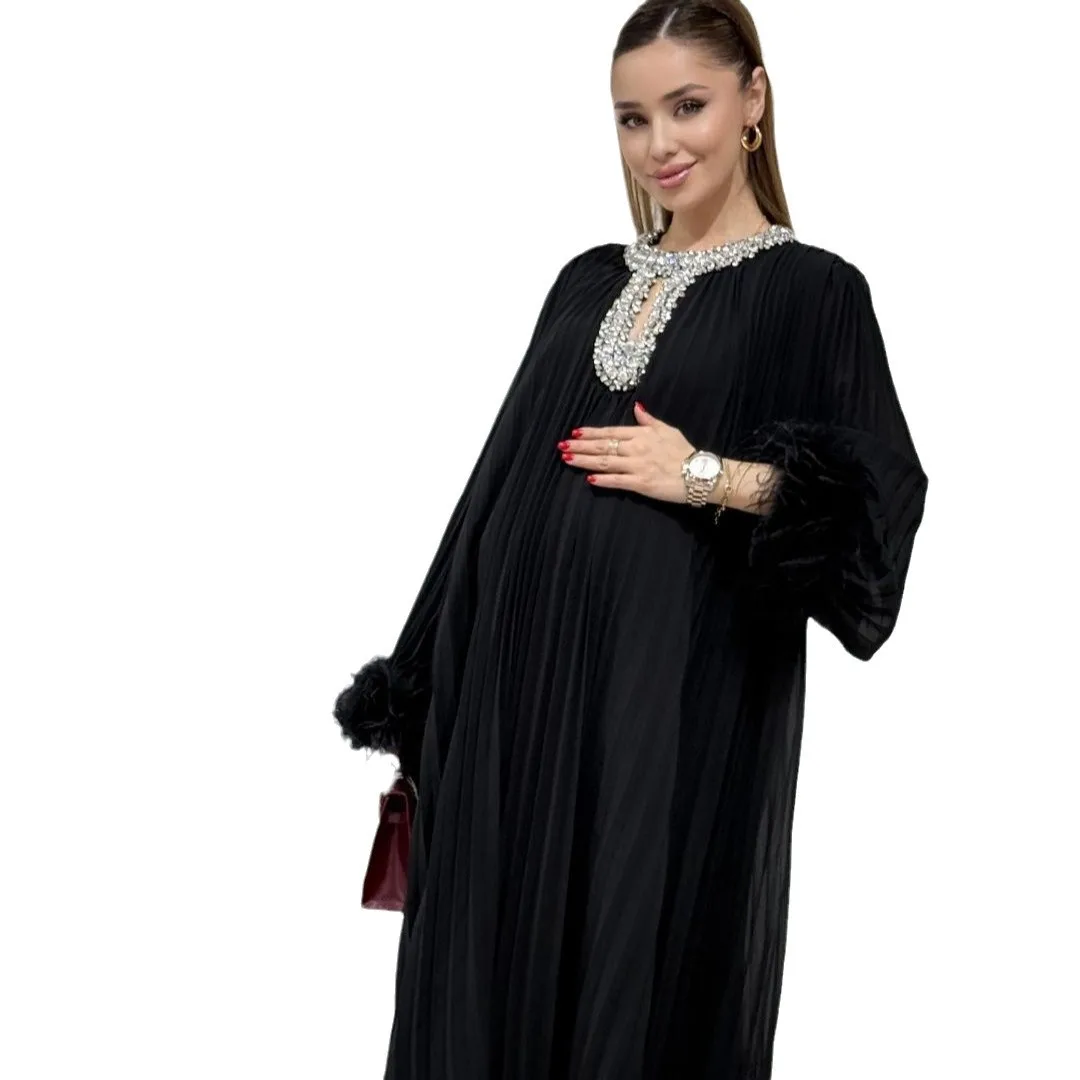 Eid Muslimisches Partykleid für Frauen, Ramadan, Diamanten, Federn, Abaya, lange Kleider, Kaftan, Vestidos, Dubai, Robe, Jalabiya, 2025, Abays