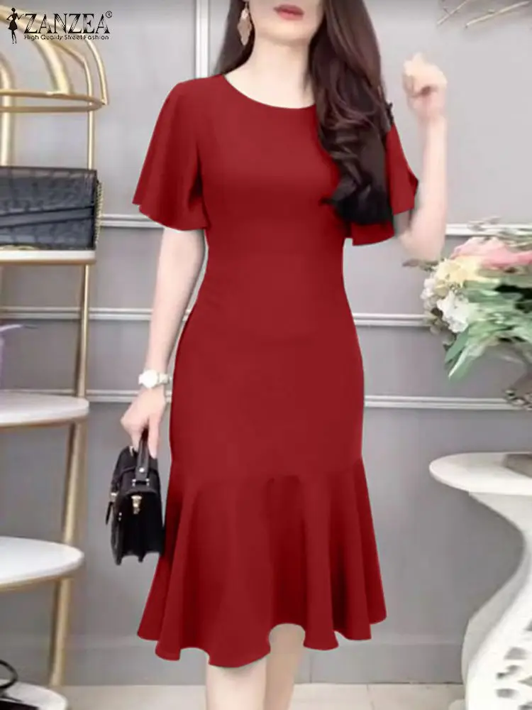Summer Solid Party Dress ZANZEA Fashion Short Sleeve Slim Fit OL Vestidos Robe Femme Elegant Work Office Sundress Midi Dresses