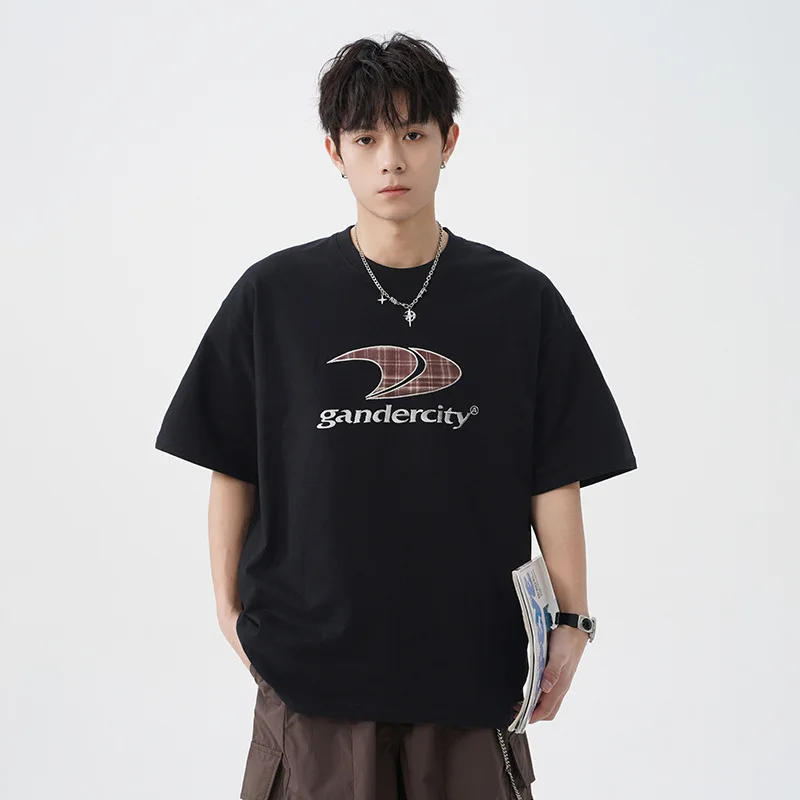 

Retro contrast color plaid print T-shirt men's summer 100% cotton American trendy loose breathable short-sleeved T-shirt