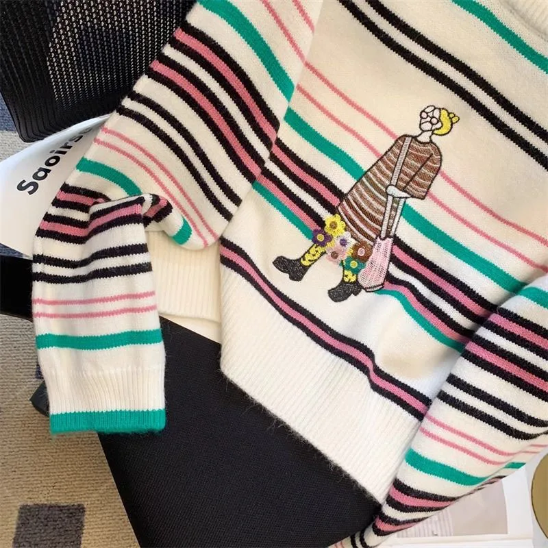 Cartoon Embroidery Stripe Sweater Pullovers Women Casual Knitwear korean reviews many clothes O Neck Long Sleeve Knit Sweater