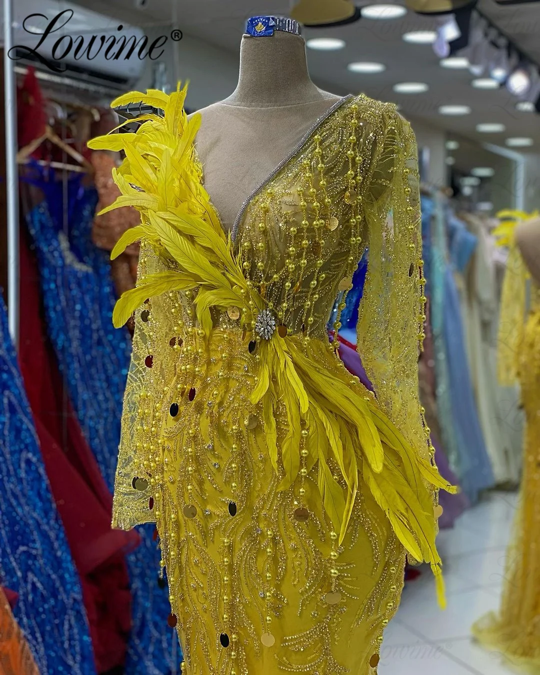 Yellow Feather Aso Ebi Wedding Party Dress Formal Woman Evening Dresses Arabic Middle East Engagement Gowns Prom Robe De Soiree