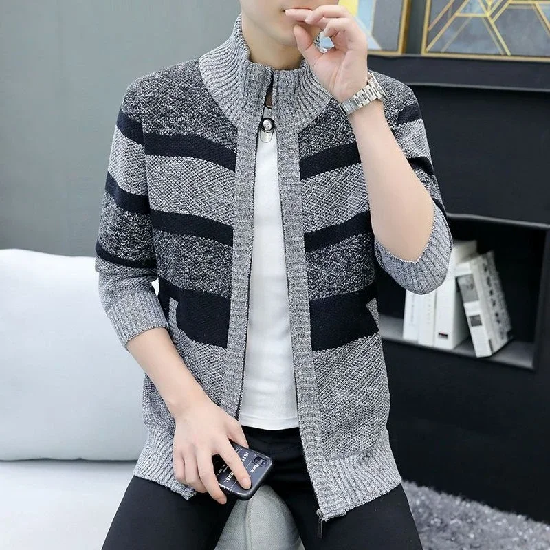 

Men's Korean Style Spring Fall Stand Collar Zipper Knitted Cardigan Fleece Lined Thickened Striped Versatile Sweater Jacket