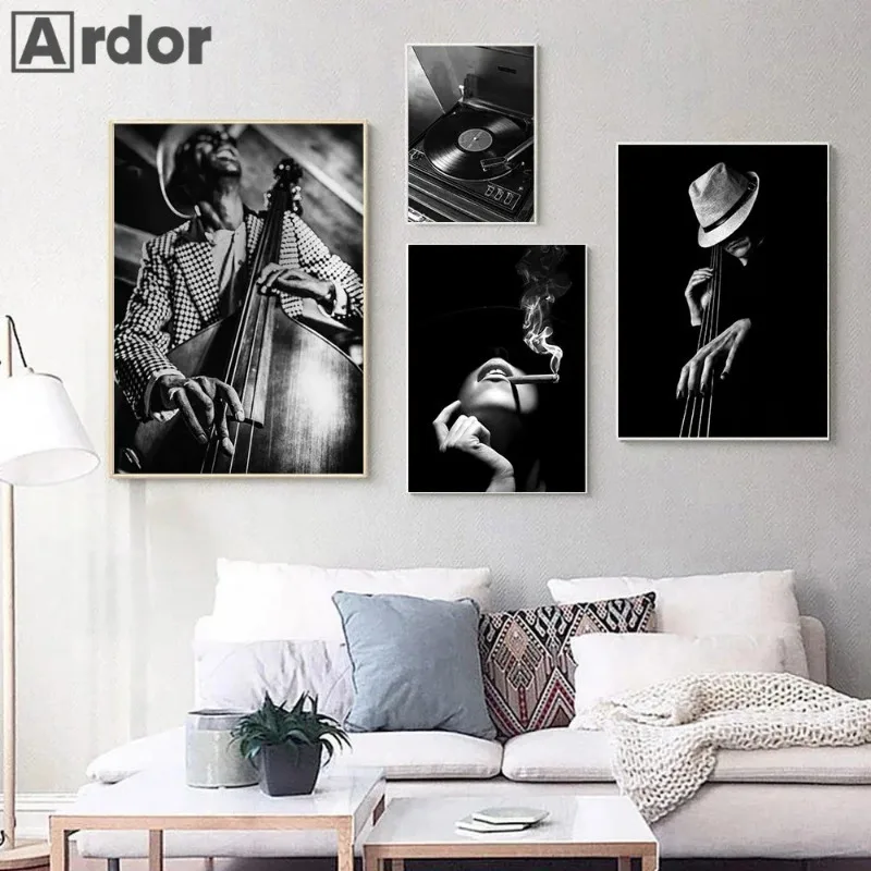 Black And White Poster Band Guitar Jazz Music Canvas Painting Woman Vintage Art Prints Nordic Wall Pictures Bedroom Home Decor