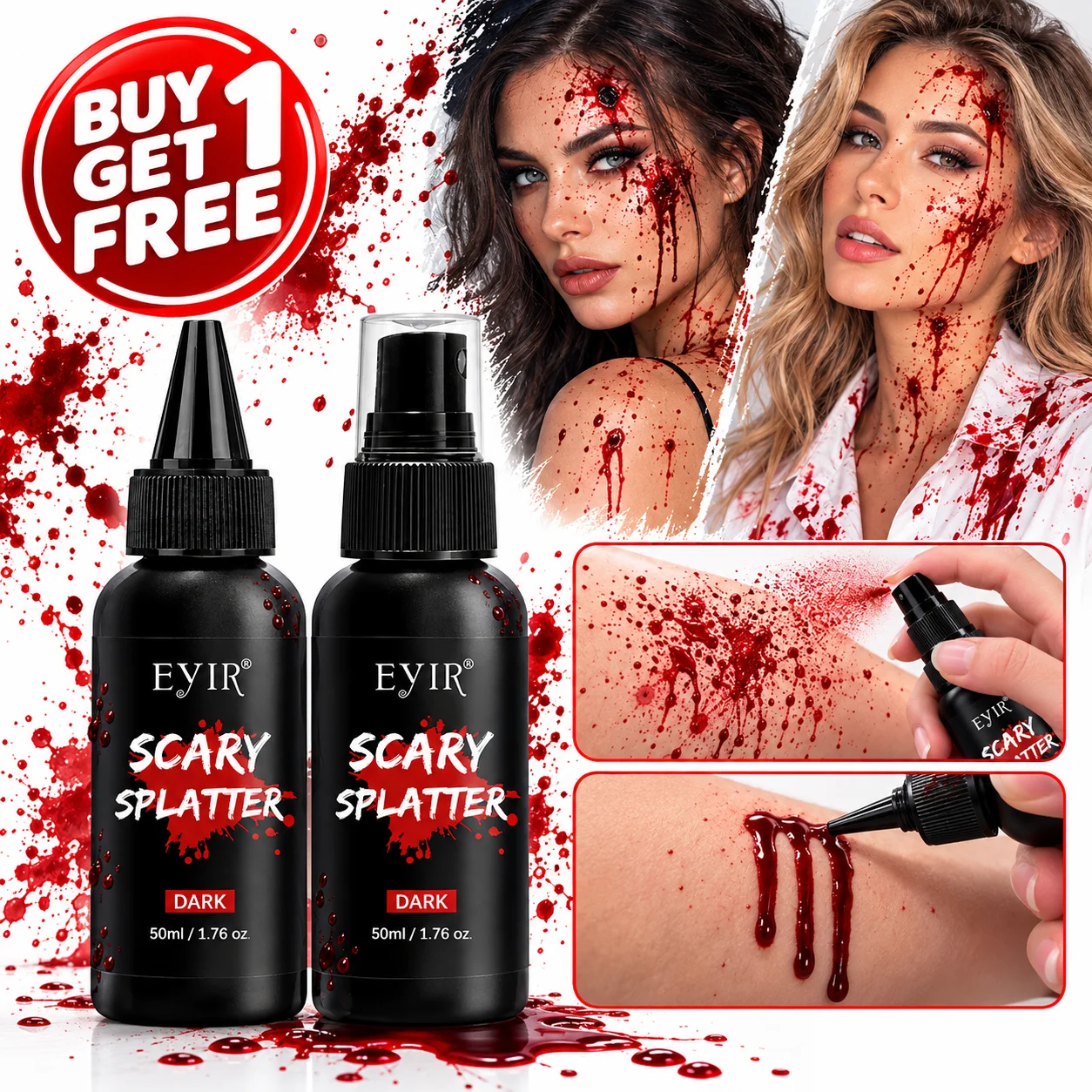 EYIR Halloween Fake Blood 2 Bottles 50ml Each Spray and Drip Effect SFX Makeup for Zombie Vampire Cosplay Costume Party Stage