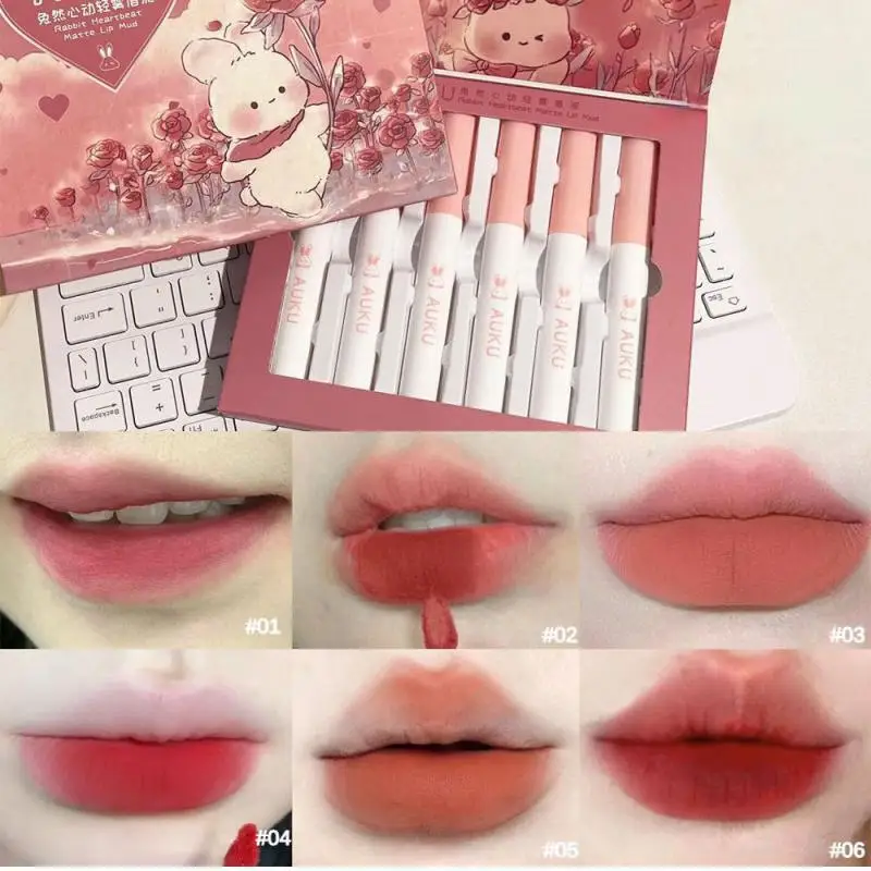 Conjunto de lápices labiales Kawaii para mujer, maquillaje coreano de belleza, mate, resistente al agua, de larga duración, envío gratis, 6 piezas