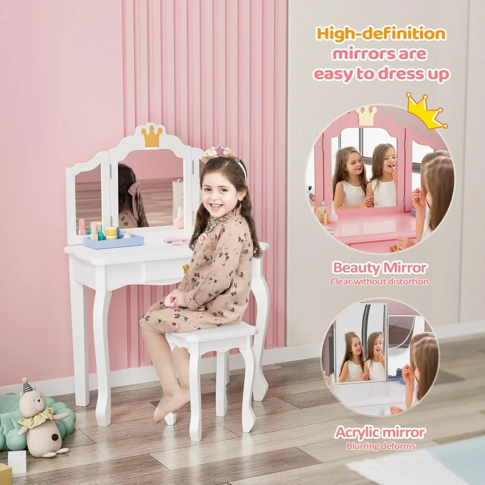 Kids Princess Vanity Table and Chair Set, Kids Vanity Set with Drawer & Tri-Folding Mirror, 2 in 1 Makeup Dressing Table