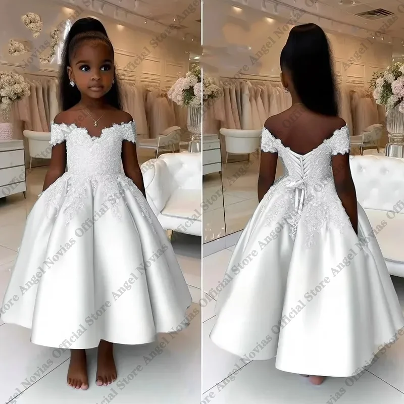 

Angel Novias Customized White Satin Ball Gown Princess Flower Girls Dresses Off Shoulder Birthday Party First Communion Dress