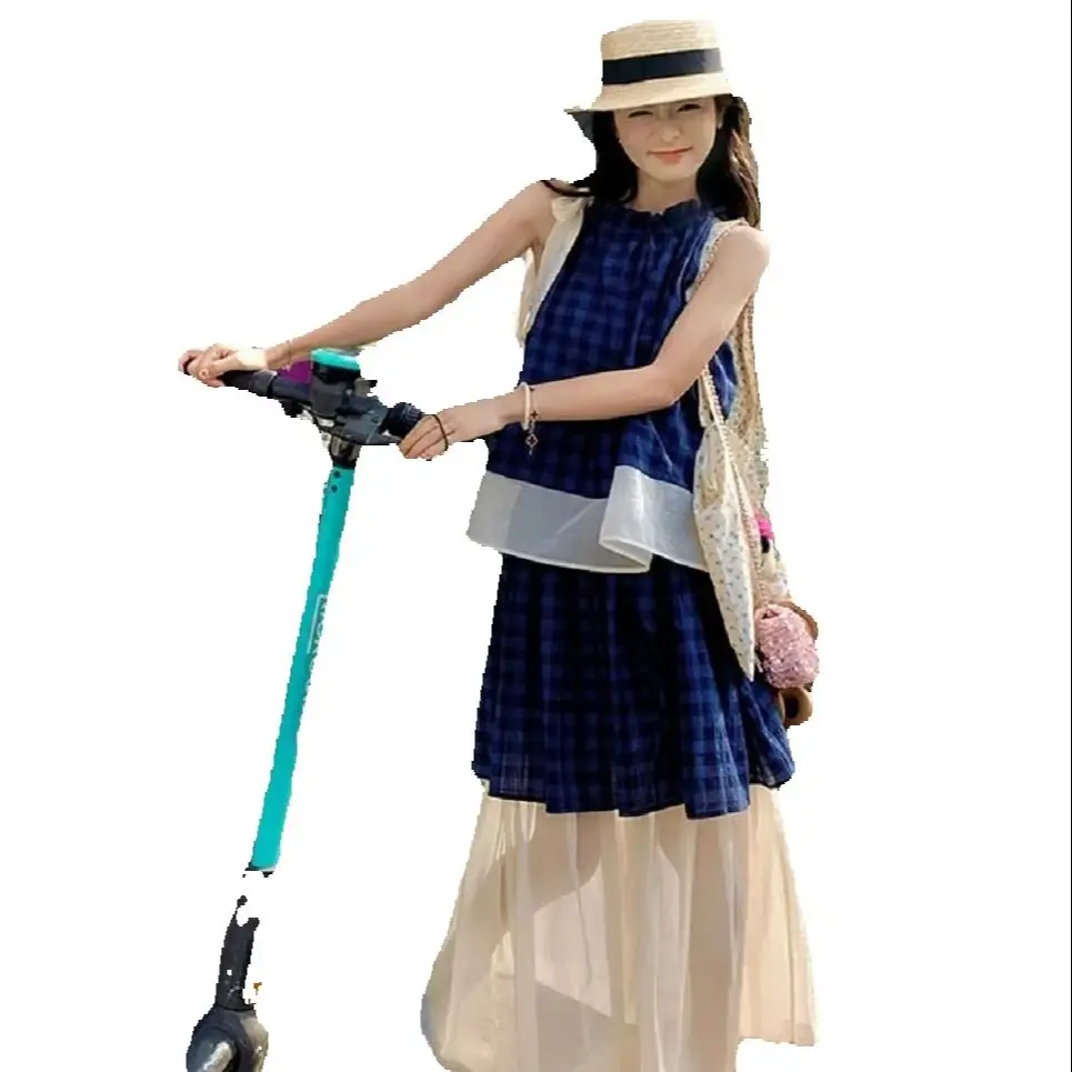 Two-Piece Set Plaid Suspender Sleeveless Top Women Long Skirt Summer New Niche Design Fresh Set