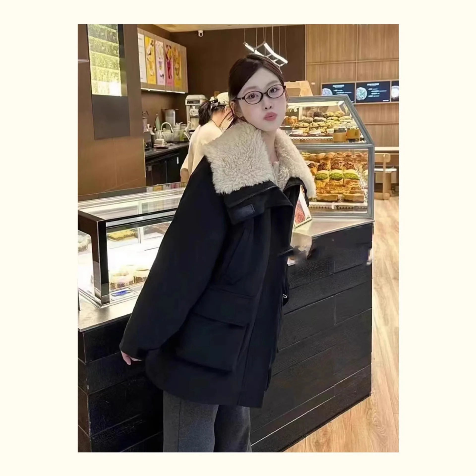 PinkyIsBlack Short Army Green Lamb Wool Jacket Women's Parkas Cotton Padded Jacket Coat Winter Female Clothes Tooling Outwear