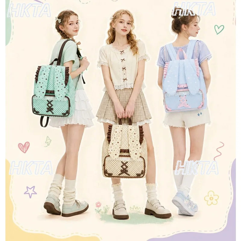 Japanese Cute Cartoon Lace Bow Polka Dot Pain Bag Ladies Autumn Sweet Kawaii Student Casual Large Capacity Black Backpacks Women