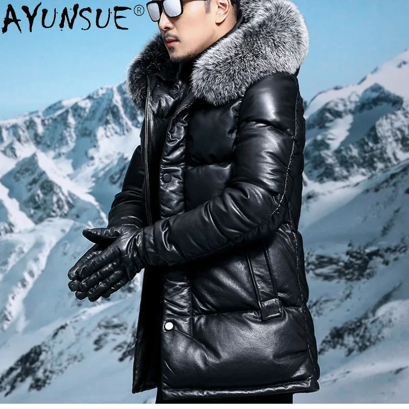 AYUNSUE Genuine Leather Down Jackets for Men 2023 Winter Genuine Cow Leather Jacket Hooded Fox Fur Collar Warm Parkas Jaqueta