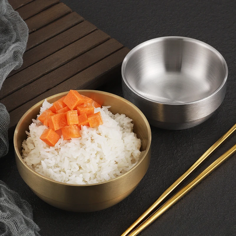 Korean Style Gold Double-layer 304 Stainless Steel Rice Bowl for Children's Meals Commercial Cuisine Kimchi Soup Bowl