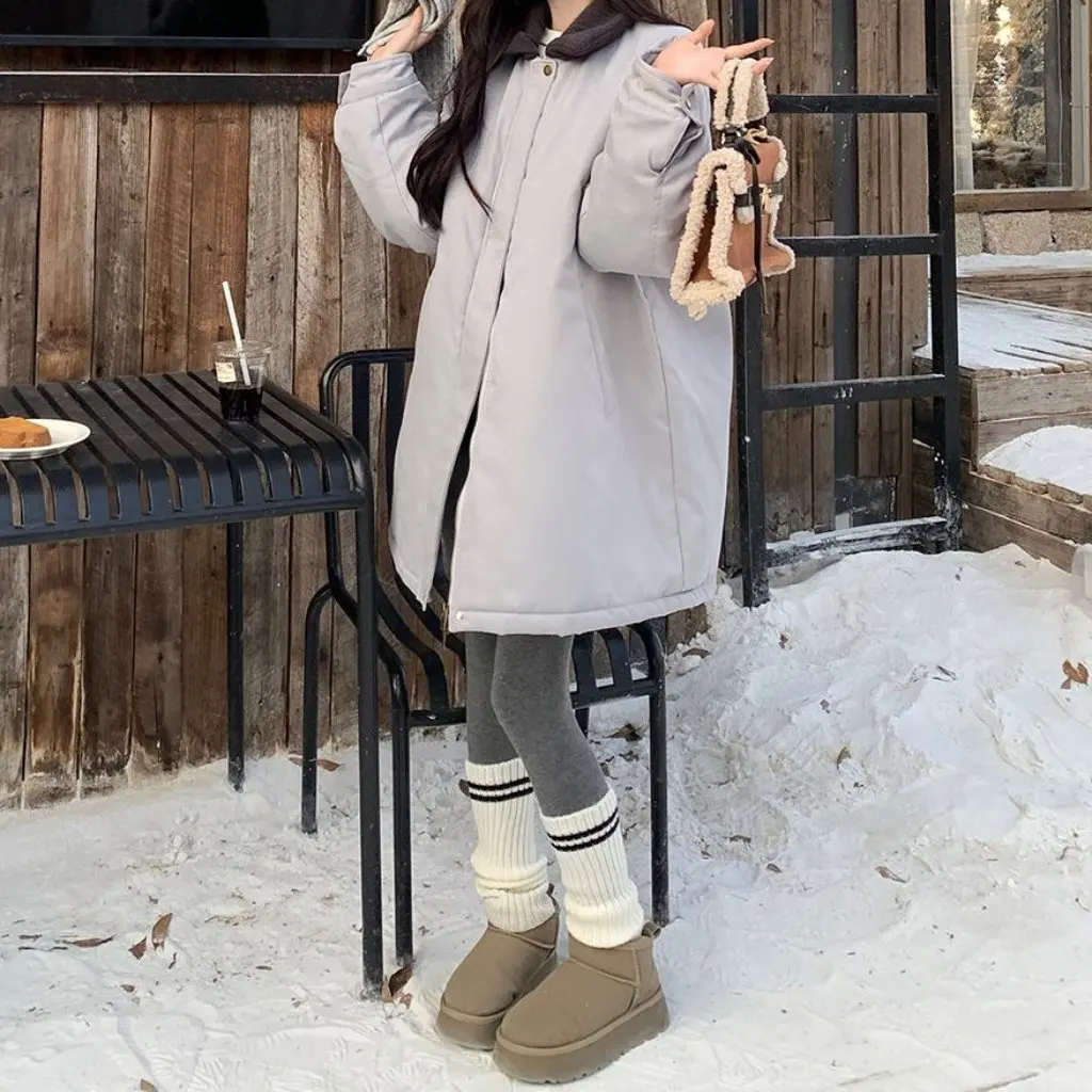 

Женская хлопковая верхняя одежда средней длины с лацканами контрастного цвета, зимнее теплое свободное стеганое утолщенное пальто