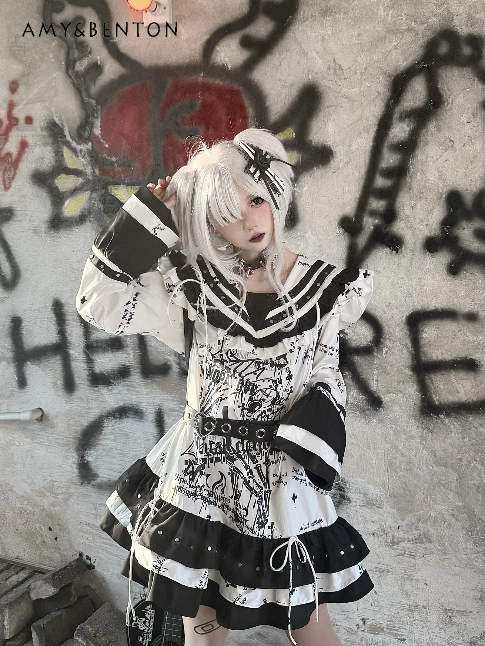 اليابانية Jk بحار دعوى الظلام فتاة ثقافة فرعية الكرتون طباعة كشكش حافة البحرية طوق فستان بكم طويل القوطي Y2K فساتين نمط فاسق