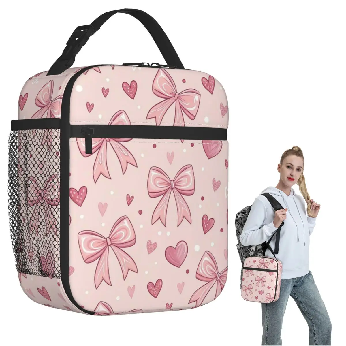 

Pink Bow Pattern Insulated Lunch Bag for Women Kids Leakproof Food Boxes Thermal Lunch Box Tote