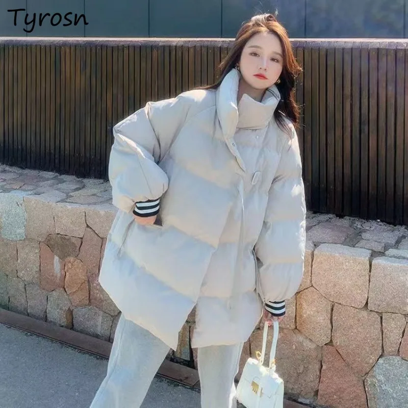 Stand Collar Casual Parkas Women Winter Thicker Korean Students Loose Bread Coats New Striped Keep Warm Windbreak Pockets Cozy