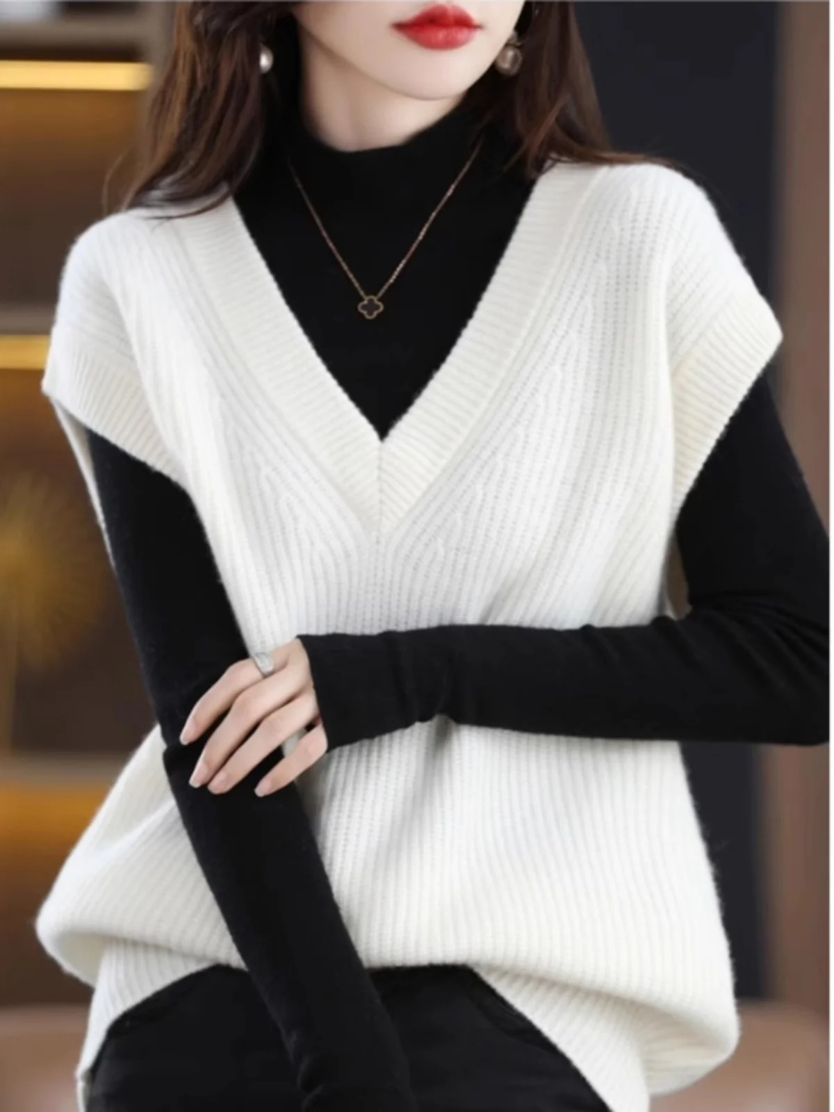 Warm Knitted V-Neck Sweater Vest Bottoming Vest Cozy Fleece Women's Fashion Commute Style Loose Fit Pure Color Autumn Wear