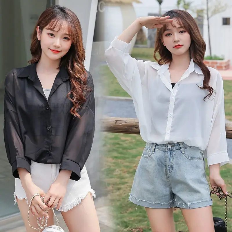 

Весна 2023: Женская шифоновая рубашка-накидка в корейском стиле, универсальная верхняя одежда с рукавом три четверти, защита от солнца, свободный крой, с воротником.