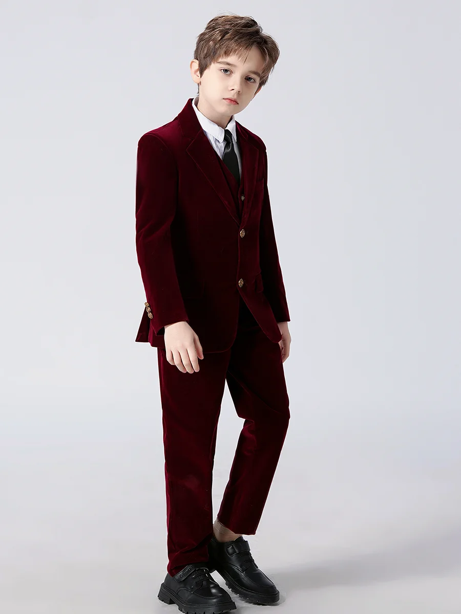 Boy's 3 Piece Velvet Suit Set Blazer Vest Pants Gold Buttons Page Boy Wedding Size 5-14Y