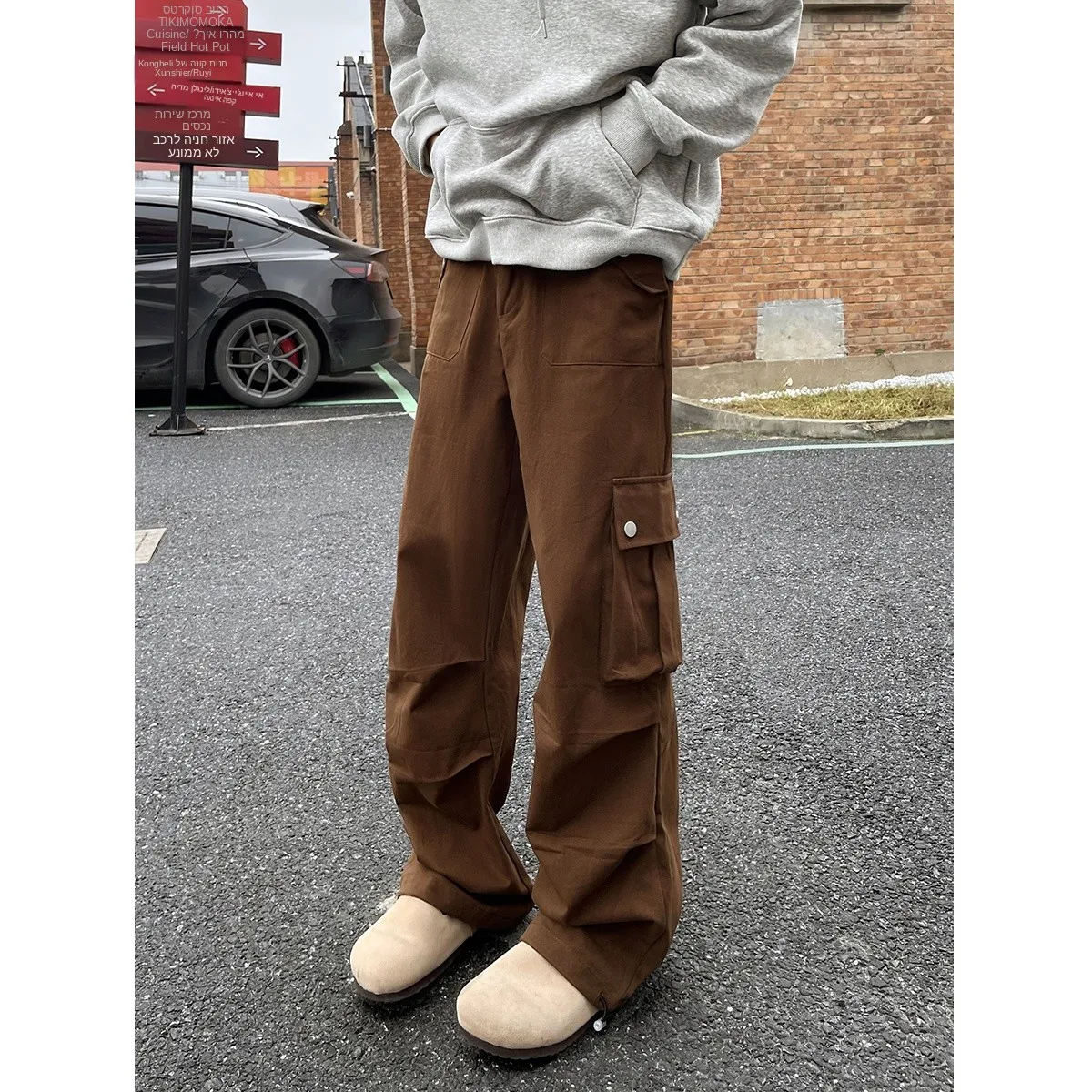 New 2024 Men's Straight Leg Work Trousers Spring Autumn Style American Folded Pocket Paratrooper Casual Pants Cool Handsome